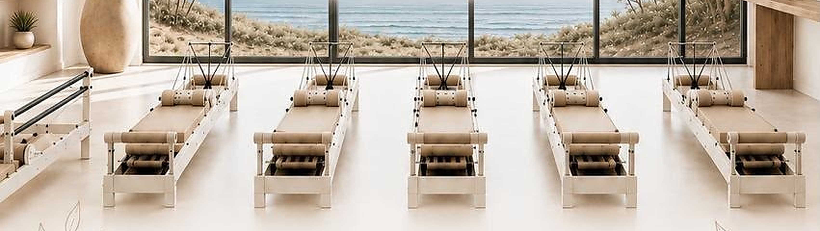 Five reformers facing the Pacific through floor-to-ceiling windows